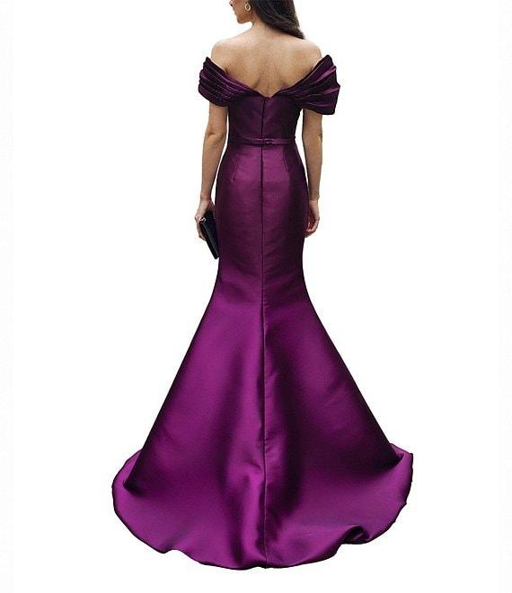 Terani Couture Off-The-Shoulder Ruched Bodice With Beading Mikado Mermaid Gown Product Image