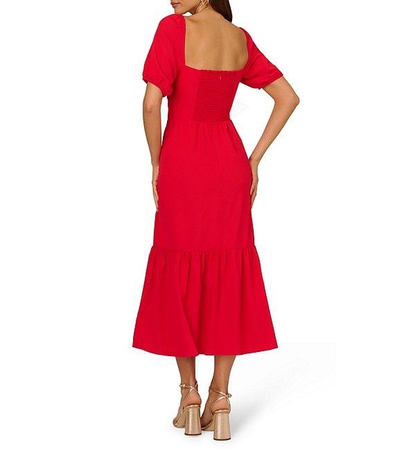 Adrianna by Adrianna Papell Solid Sweetheart Neck Puff Sleeves Smocked Back Ruffle Hem A-Line Midi Dress Product Image