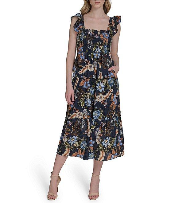 Vince Camuto Printed Square Neck Sleeveless Tiered Smocked Midi Dress Product Image