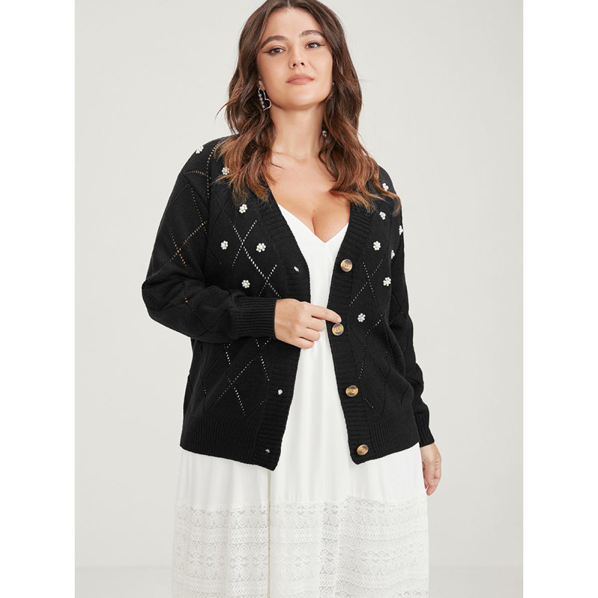 Plus Size Solid Pointelle Knit Pearl Beaded Crochet Button Front Cardigan Black Women Elegant Loose Long Sleeve Dailywear Cardigans BloomChic 12/L Product Image