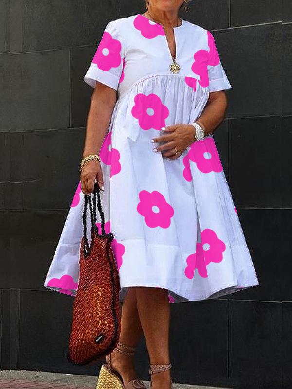 A-Line Loose Flower Print Pleated Split-Joint Round-Neck Midi Dresses Product Image