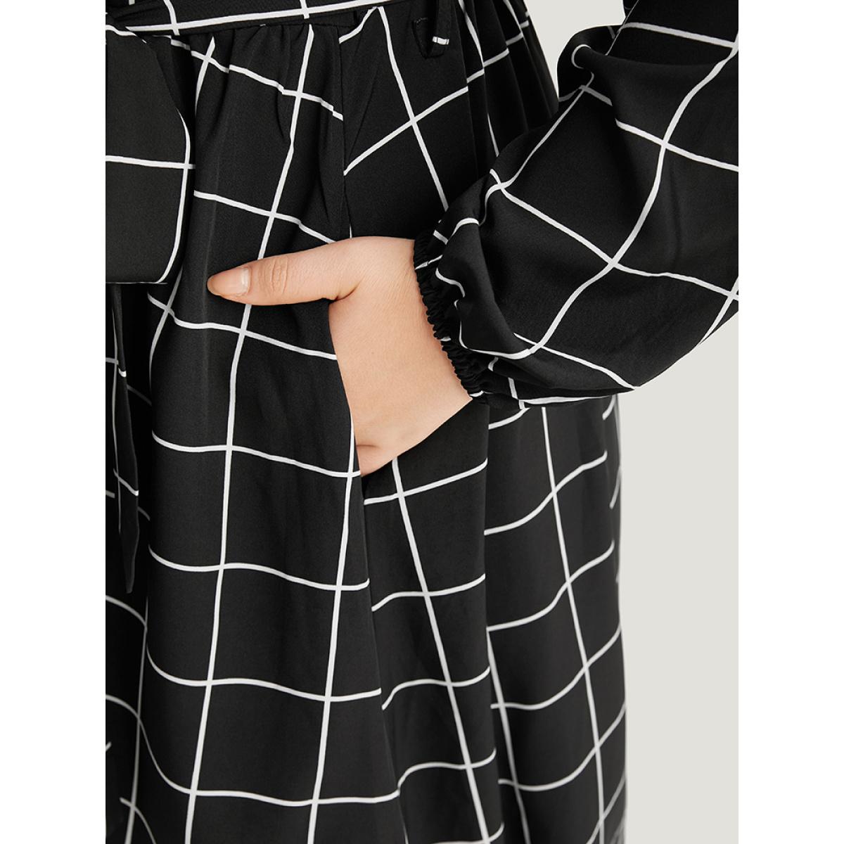 Plus Size Plaid Shirt Collar Belted Lantern Sleeve Dress Black Women At the Office Elastic cuffs Shirt collar Long Sleeve Curvy Midi Dress BloomChic 14-16/1X Product Image