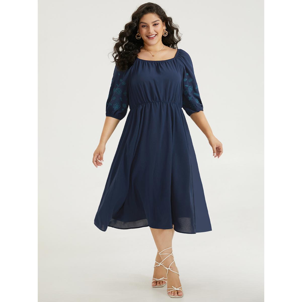 Plus Size Floral Embroidered Pocket Square Neck Lantern Sleeve Dress Indigo Women Elegant Elastic cuffs Square Neck Half Sleeve Curvy Midi Dress BloomChic 28/5X Product Image