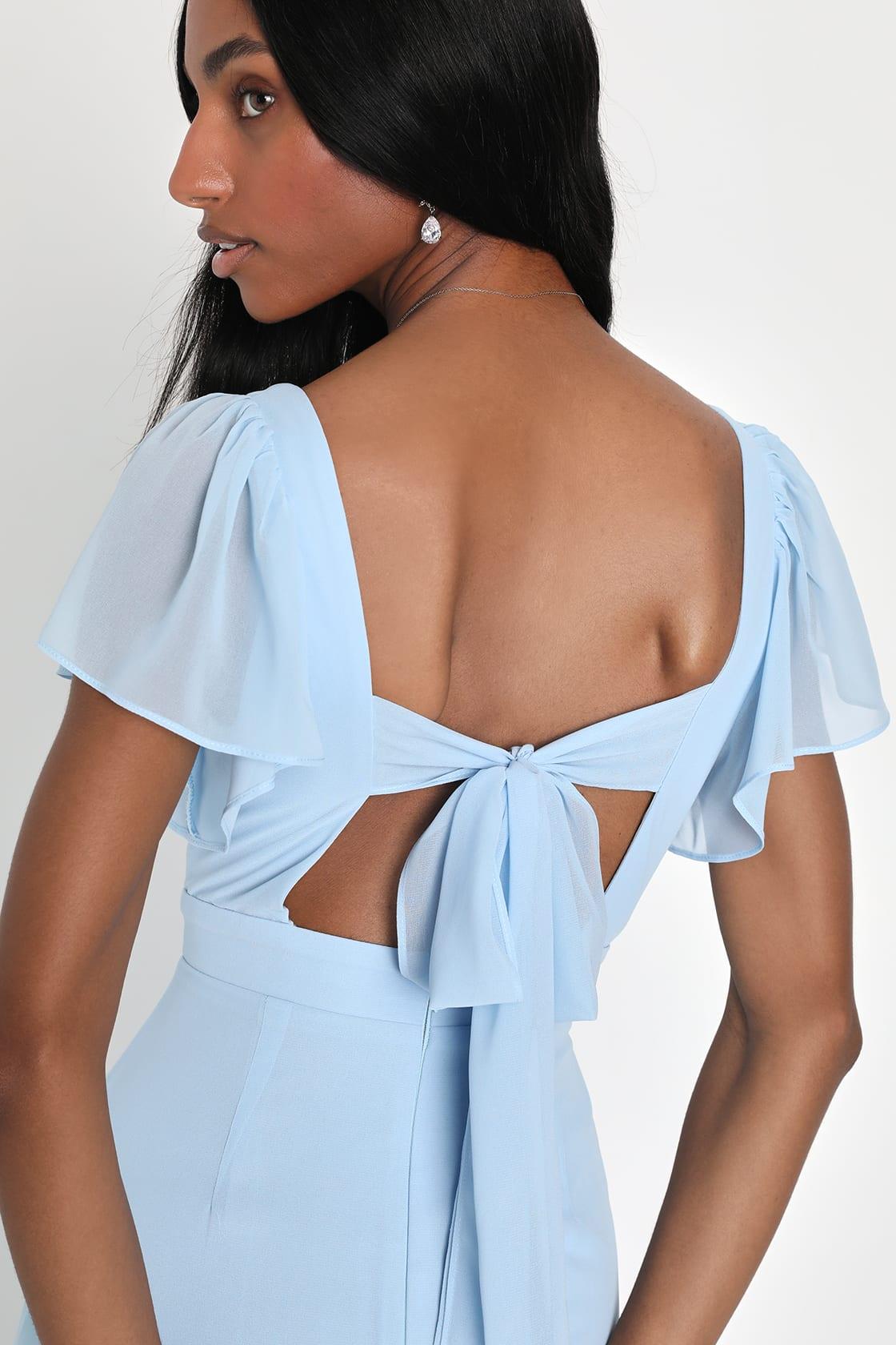 Simply Delightful Light Blue Tie-Back Flutter Sleeve Maxi Dress Product Image