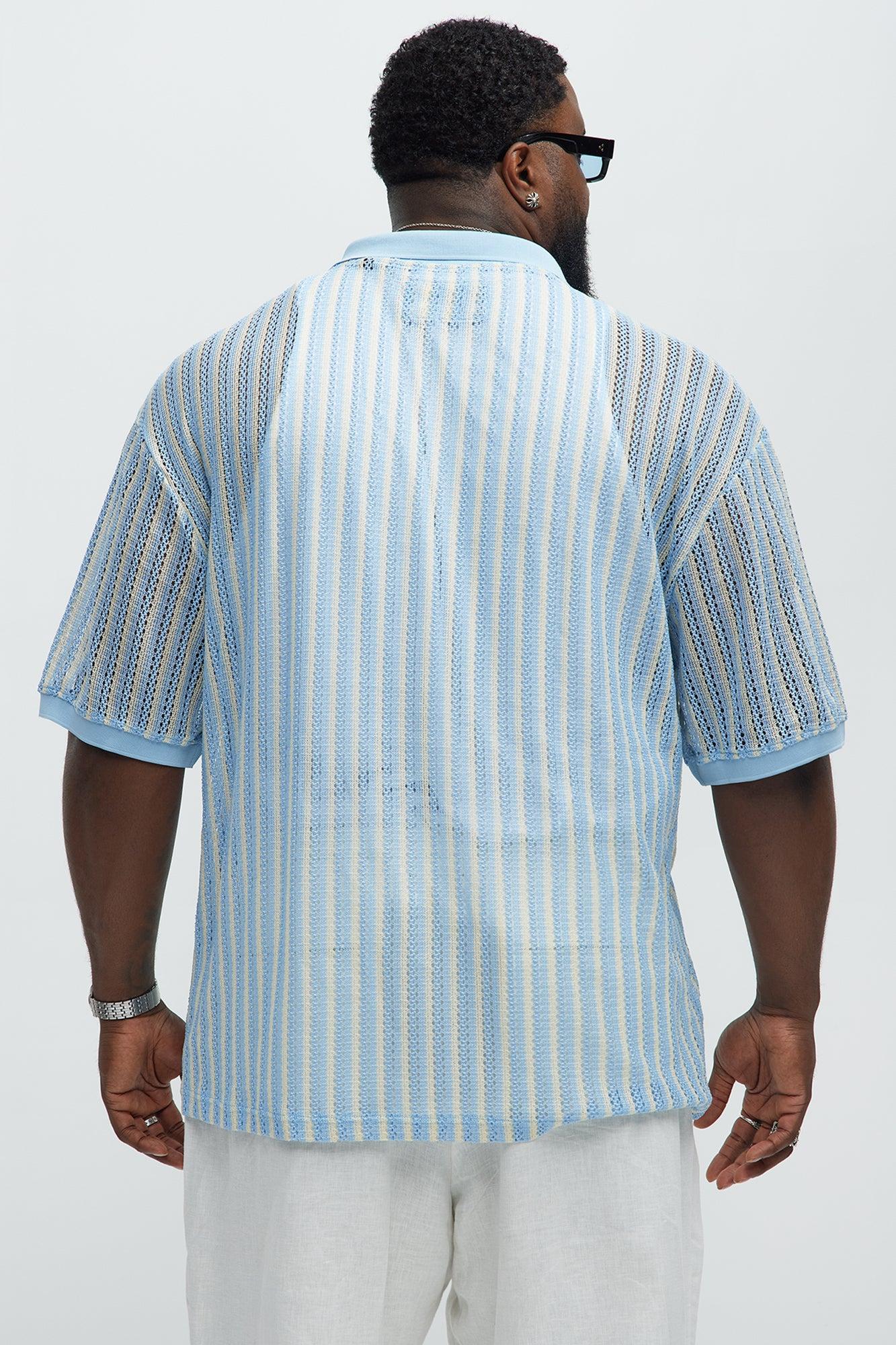 Striped Textured Johnny Collar Polo - Blue/combo Product Image