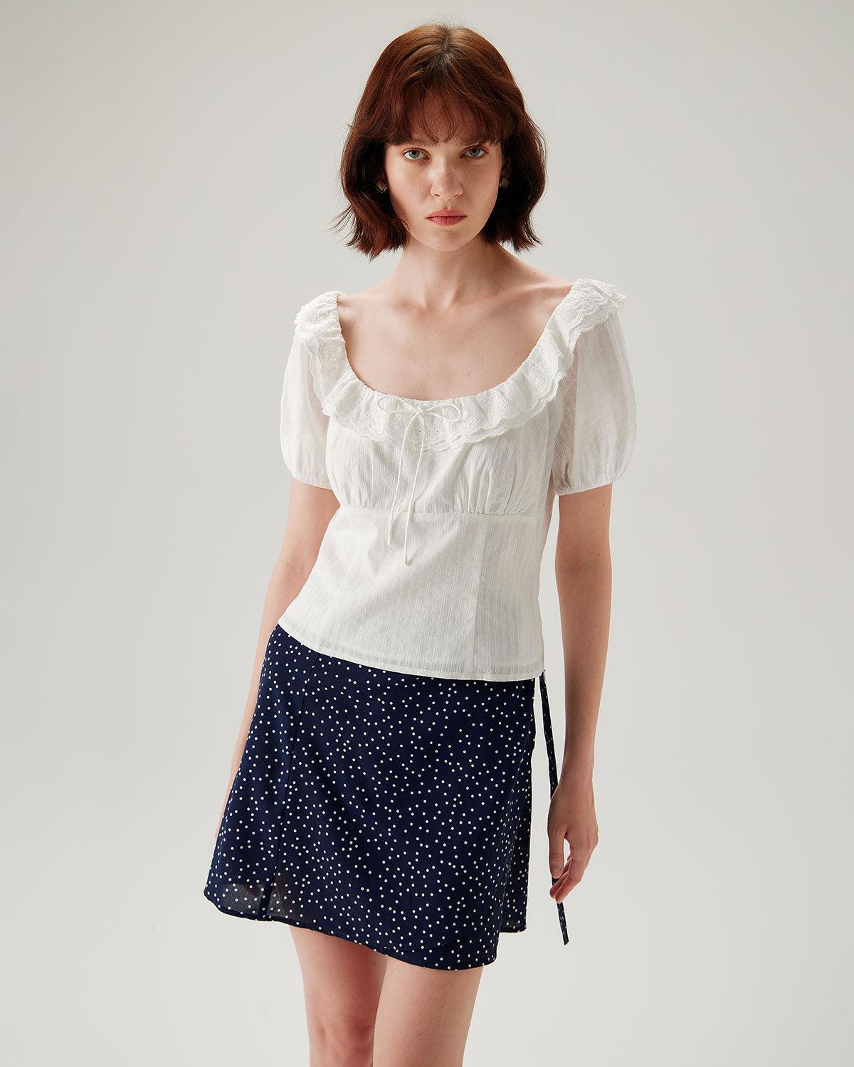 Navy Polka Dot Wrap Mini Skirt Product Image