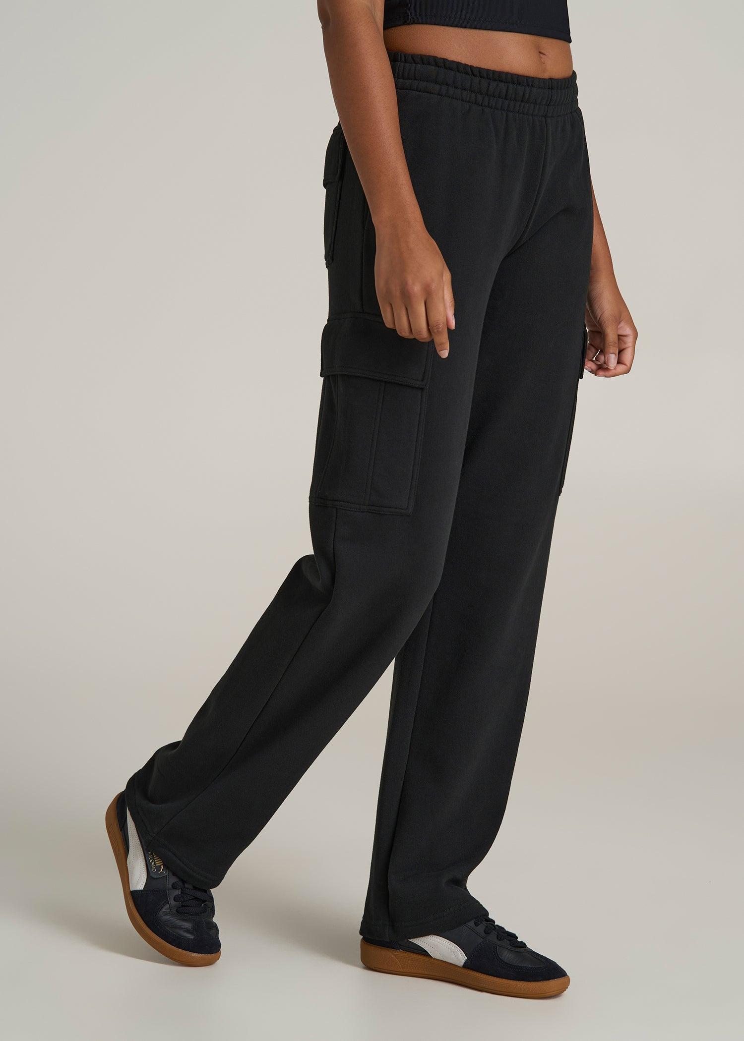 Mid Rise Cargo Fleece Sweatpants for Tall Women in Black Product Image
