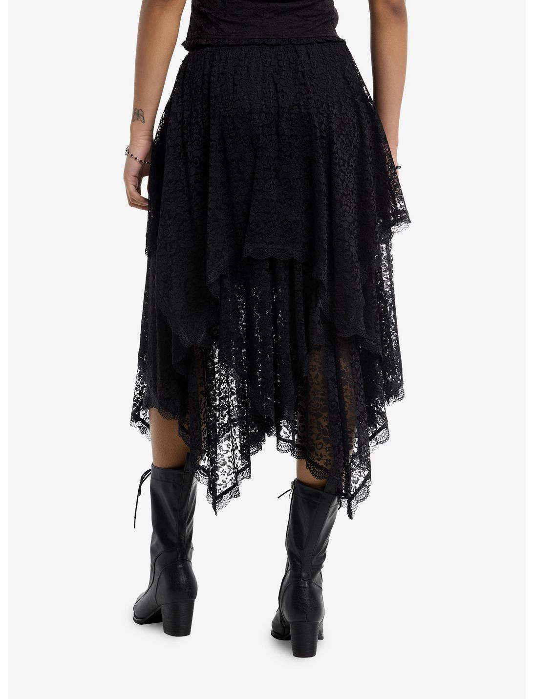 Cosmic Aura Black Lace Tiered Hanky Hem Midi Skirt Product Image
