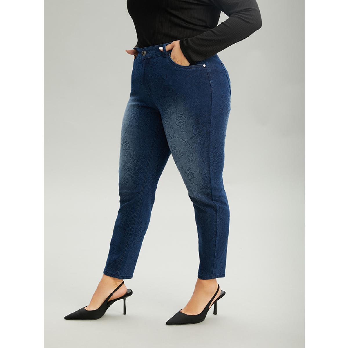 Plus Size Very Stretchy Rose Print Dark Wash Jeans Women DarkBlue Casual Floral Zipper High stretch Pocket Jeans BloomChic 14/1X Product Image