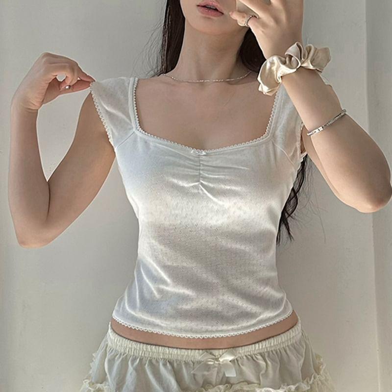 Cap Sleeve / Long Sleeve Square-Neck Lace-Trim Bow Accent Plain Pointelle Crop Top Product Image