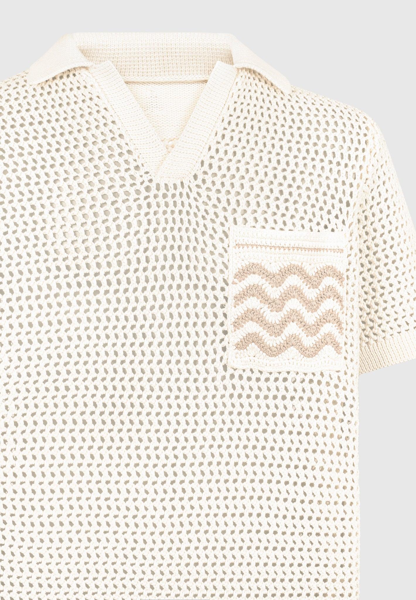 Crochet Knit Polo Shirt  - Cream Male Product Image