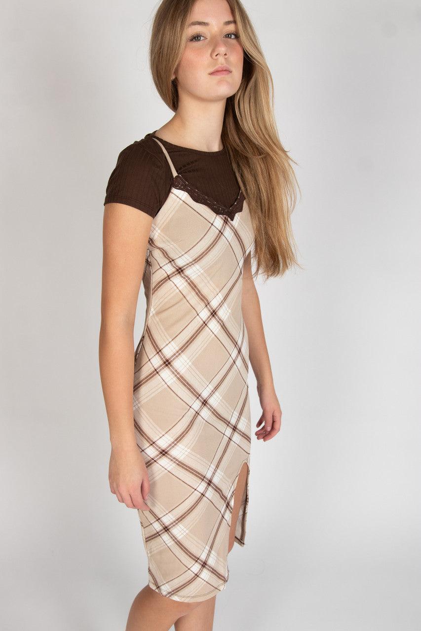 Lace Trim Plaid Midi Dress With Tee Product Image