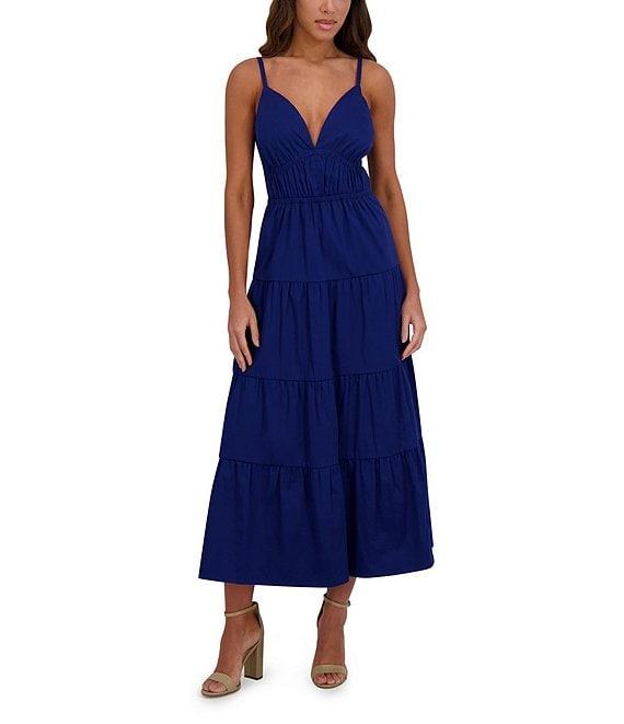 SIENA Solid Stretch Cotton Blend Plunge V-Neck Sleeveless Tiered Hem A-Line Midi Dress Product Image