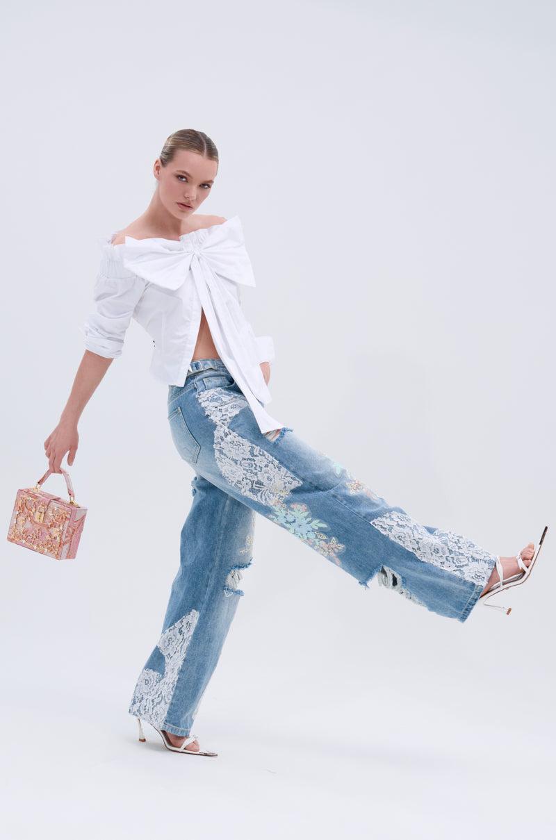 PICKING PETALS FLORAL AND LACE DETAIL DENIM PANTS Product Image