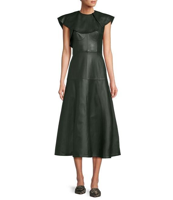 Antonio Melani x Jennifer Sumko Emi Genuine Leather Round Neck Ruffle Top Sleeveless A-Line Midi Dress Product Image