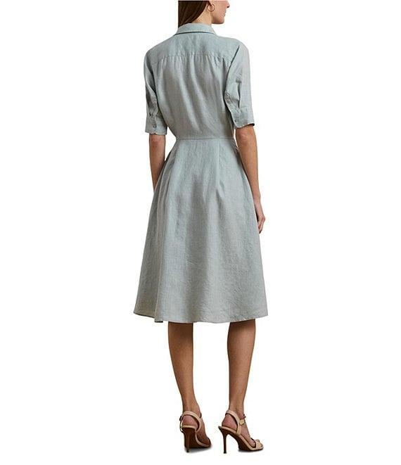 Lauren Ralph Lauren Linen Point Collar Elbow-length Sleeves Tie Front Shirt Midi Dress Product Image