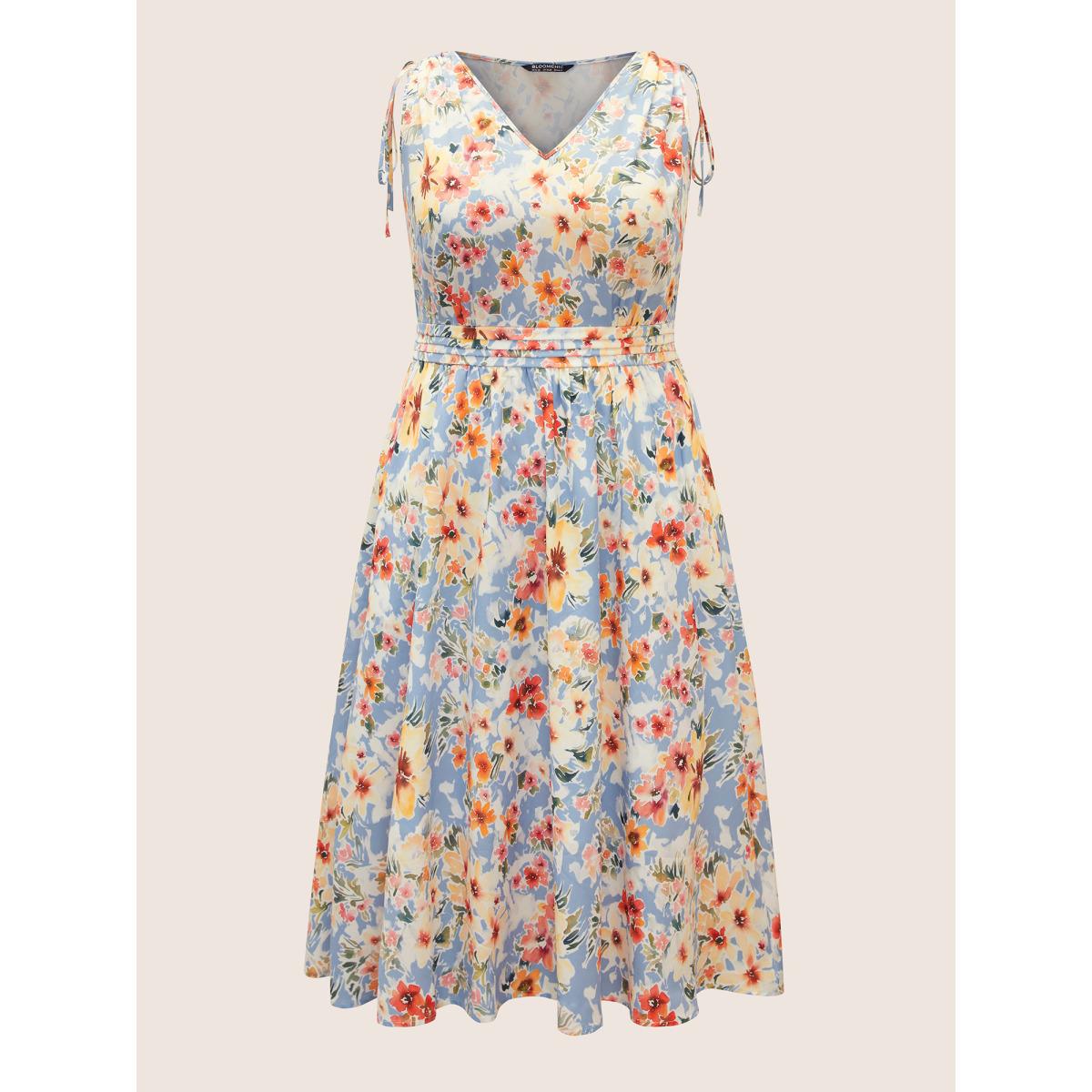 Plus Size Floral Pleated Drawstring Sleeveless Midi Dress Ivory Women Elegant Pleated V-neck Sleeveless Curvy BloomChic 12/L Product Image