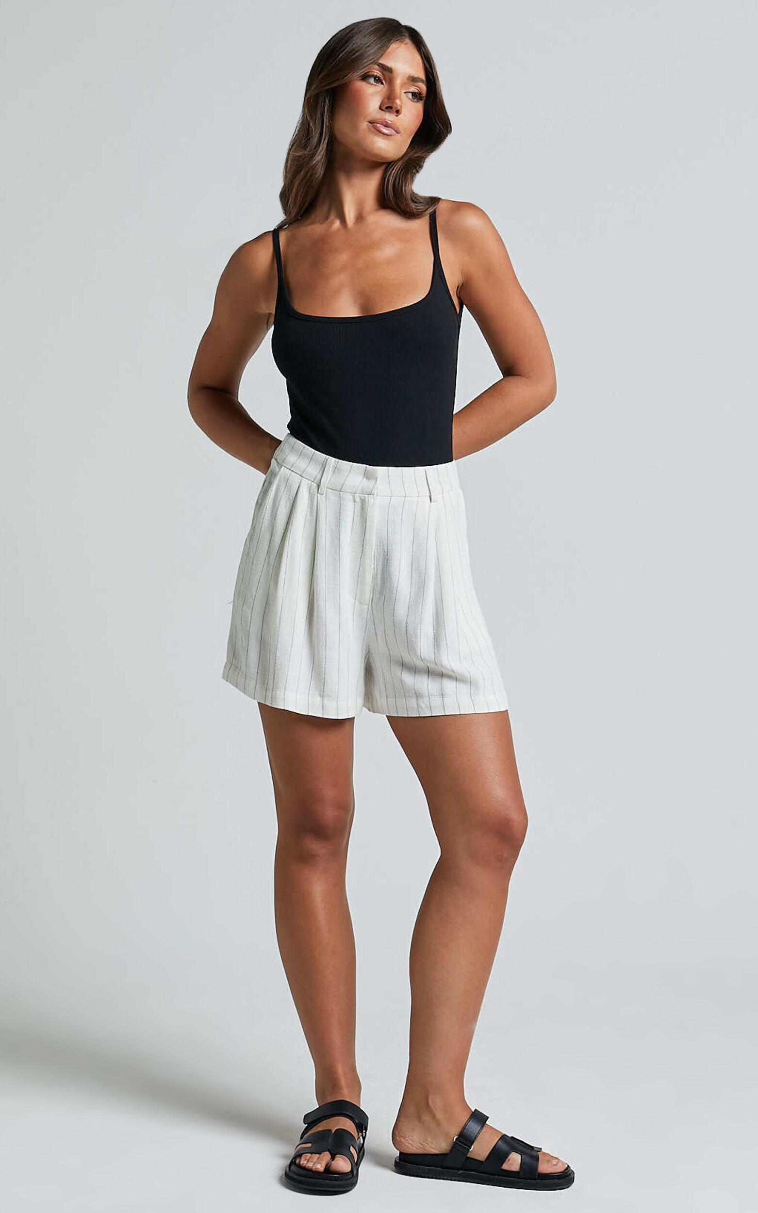 Manon Shorts - Linen Tailored Pinstripe Shorts in White Product Image