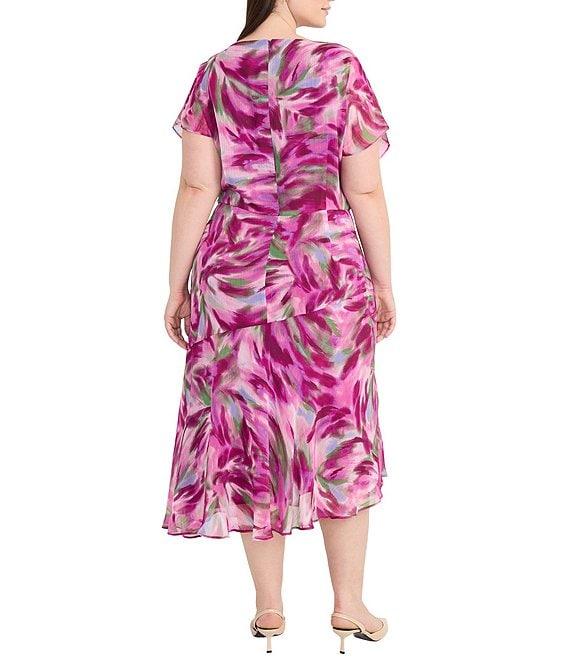 Maggy London Plus Size Crew Neck Short Sleeve Asymmetric Midi Dress Product Image