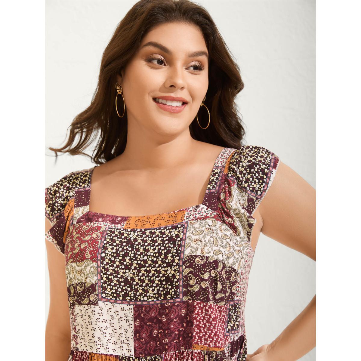 Plus Size Floral Collage Print Layered Tank Top Women Burgundy Gathered Square Neck Vacation Tank Tops Camis BloomChic 10/M Product Image