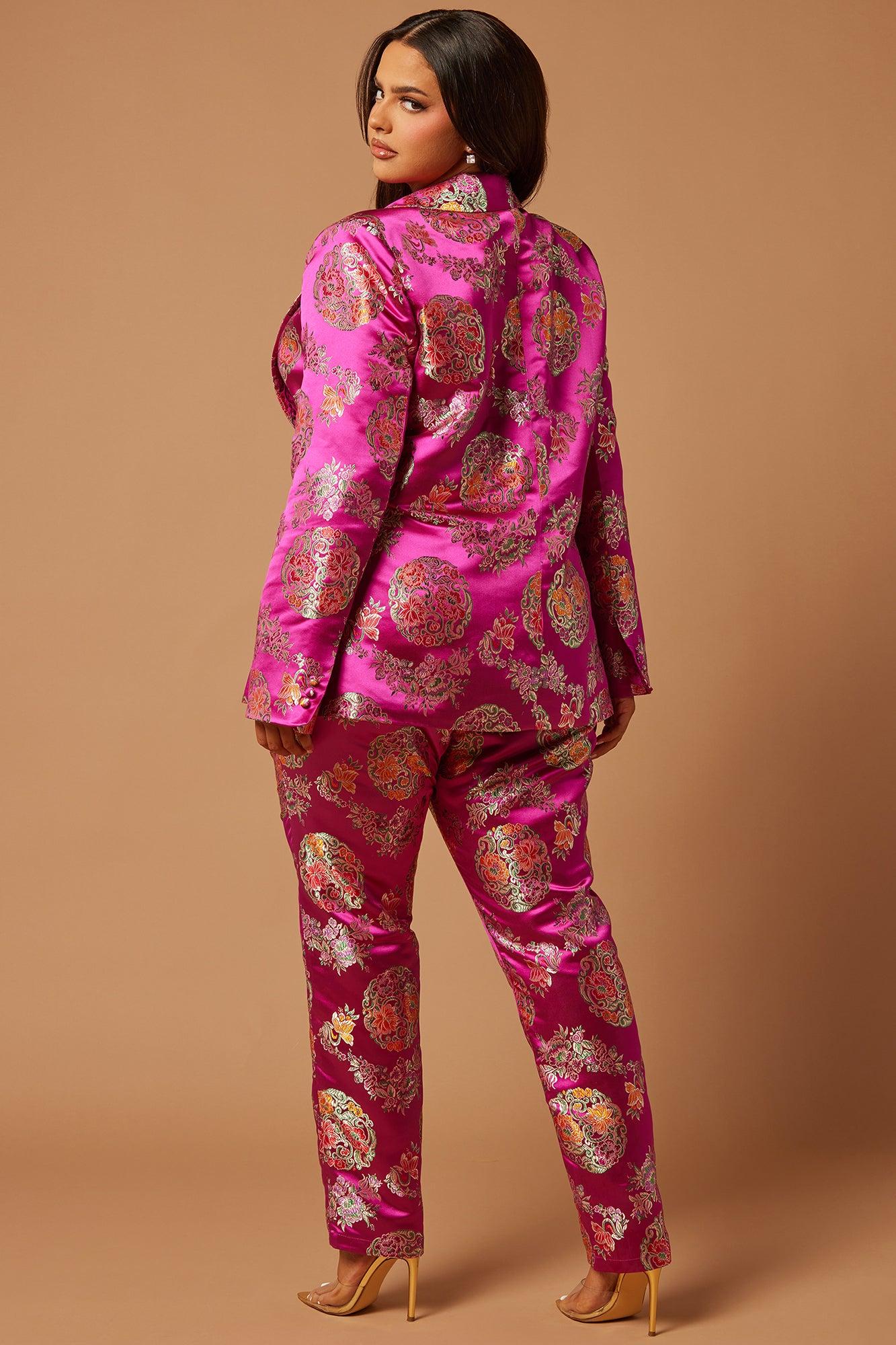Margo Satin Embroidered Blazer Suit Set - Fuchsia Product Image
