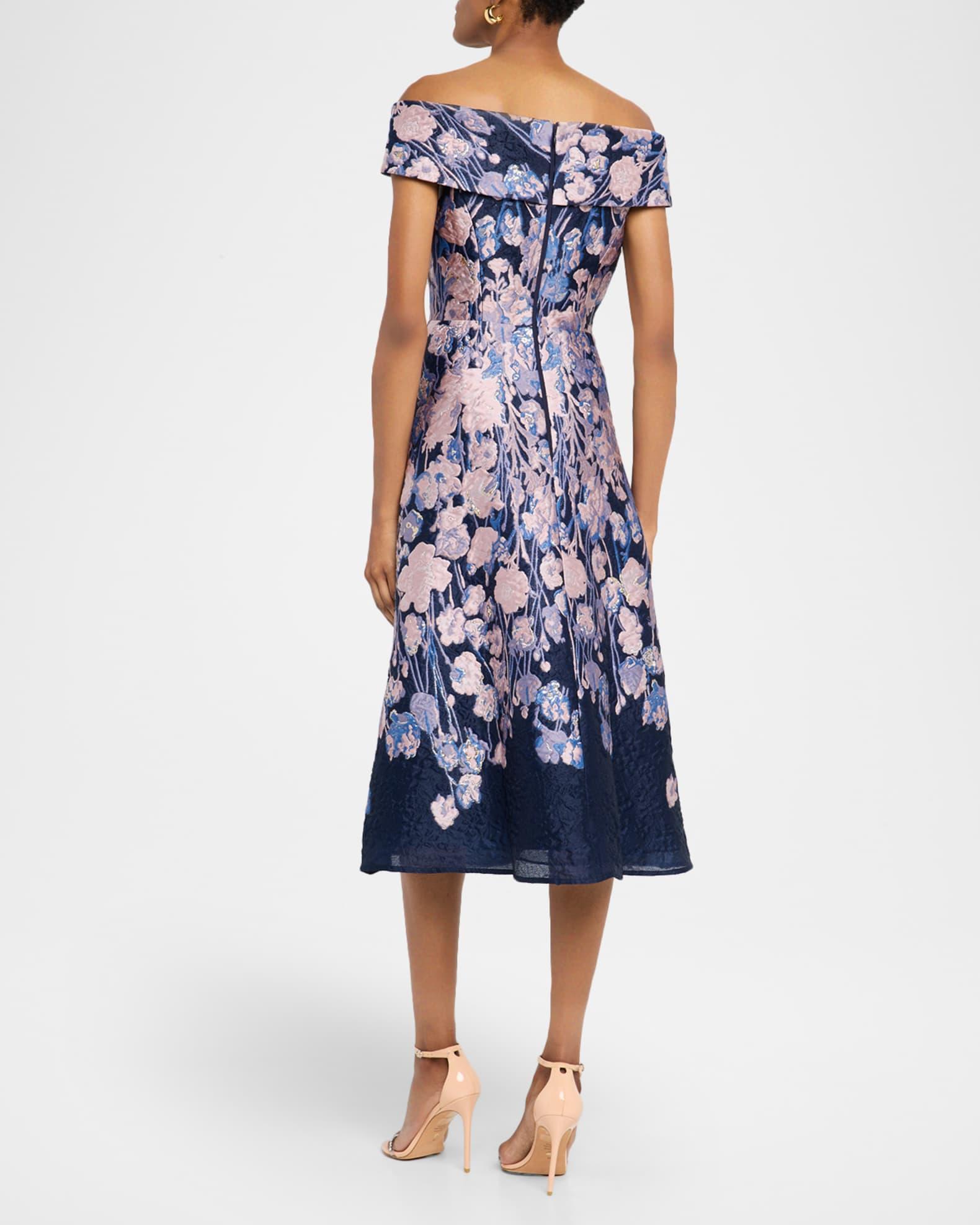 Off-Shoulder Floral Jacquard Midi Dress Product Image