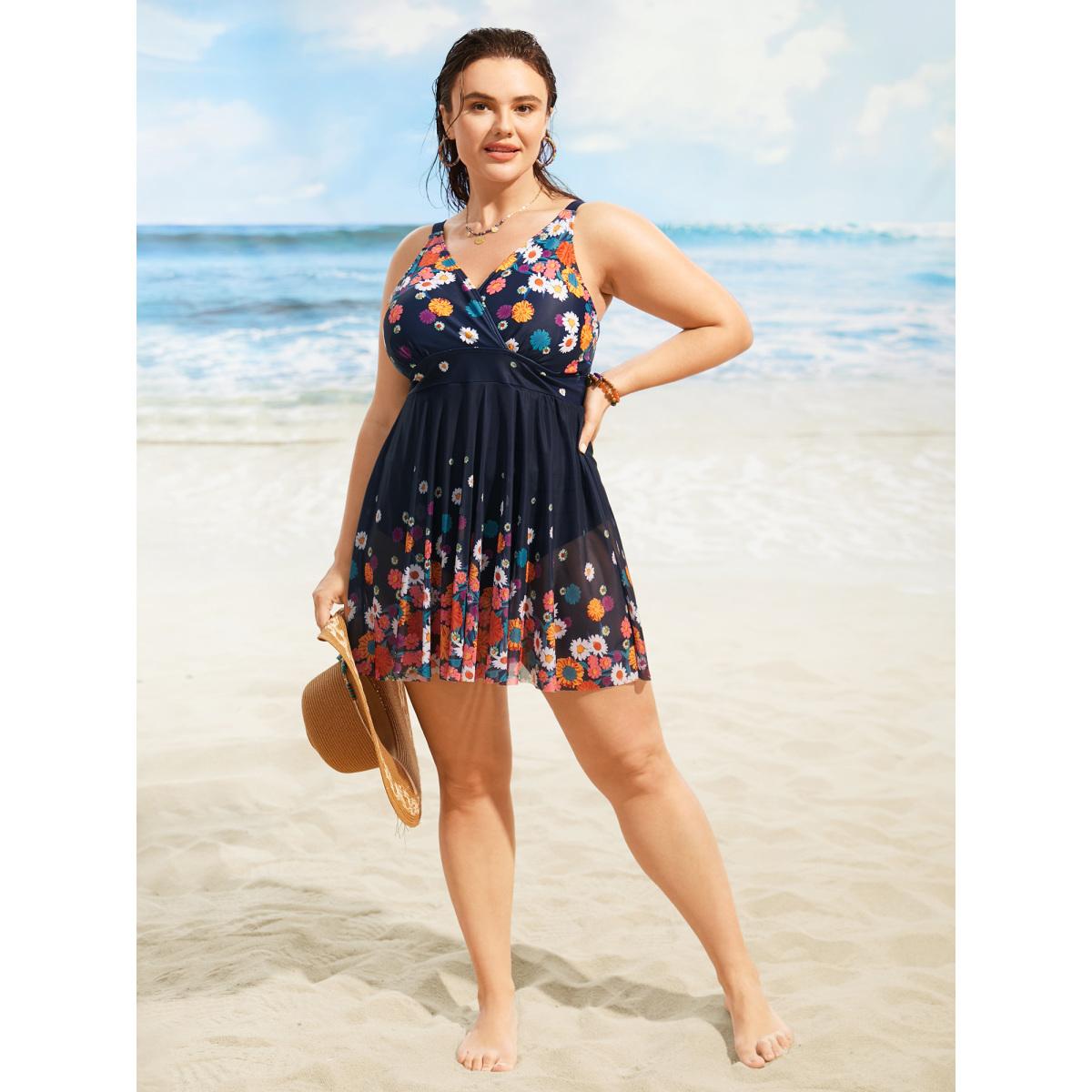 Plus Size Overlap Collar Floral Patchwork Mesh Swim Dress Women's Swimwear Indigo Beach Bodycon Overlap Collar High stretch Curve Swim Dresses BloomChic 28/5X Product Image