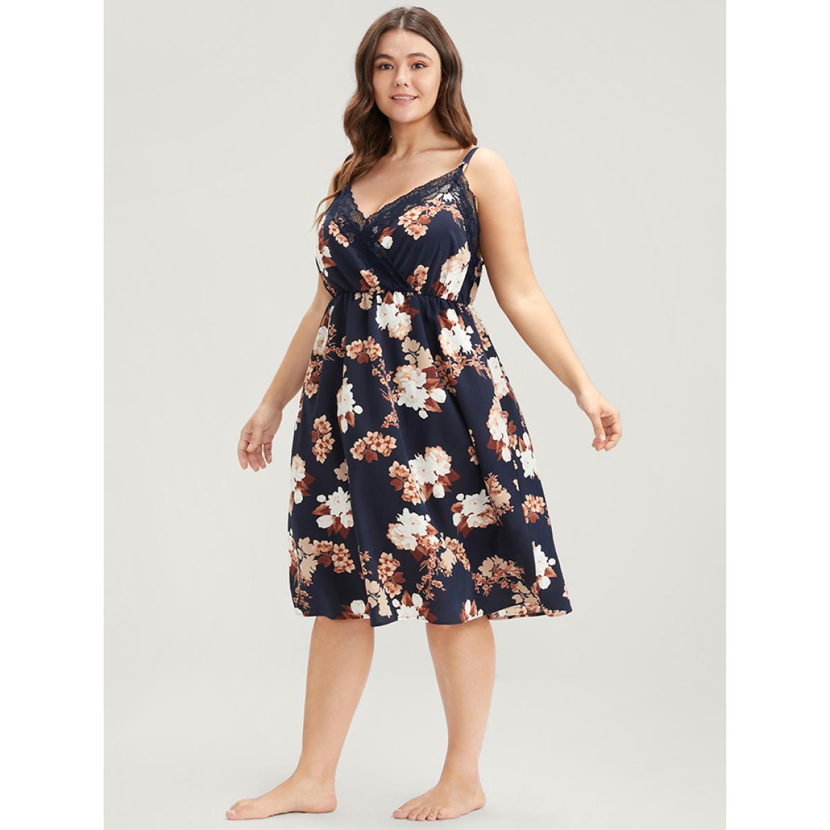 Plus Size Floral Wrap Lace Trim Cami Night Dress Women DarkBlue Elegant Floral Elastic Waist V-neck Loungewear BloomChic 30/6X Product Image