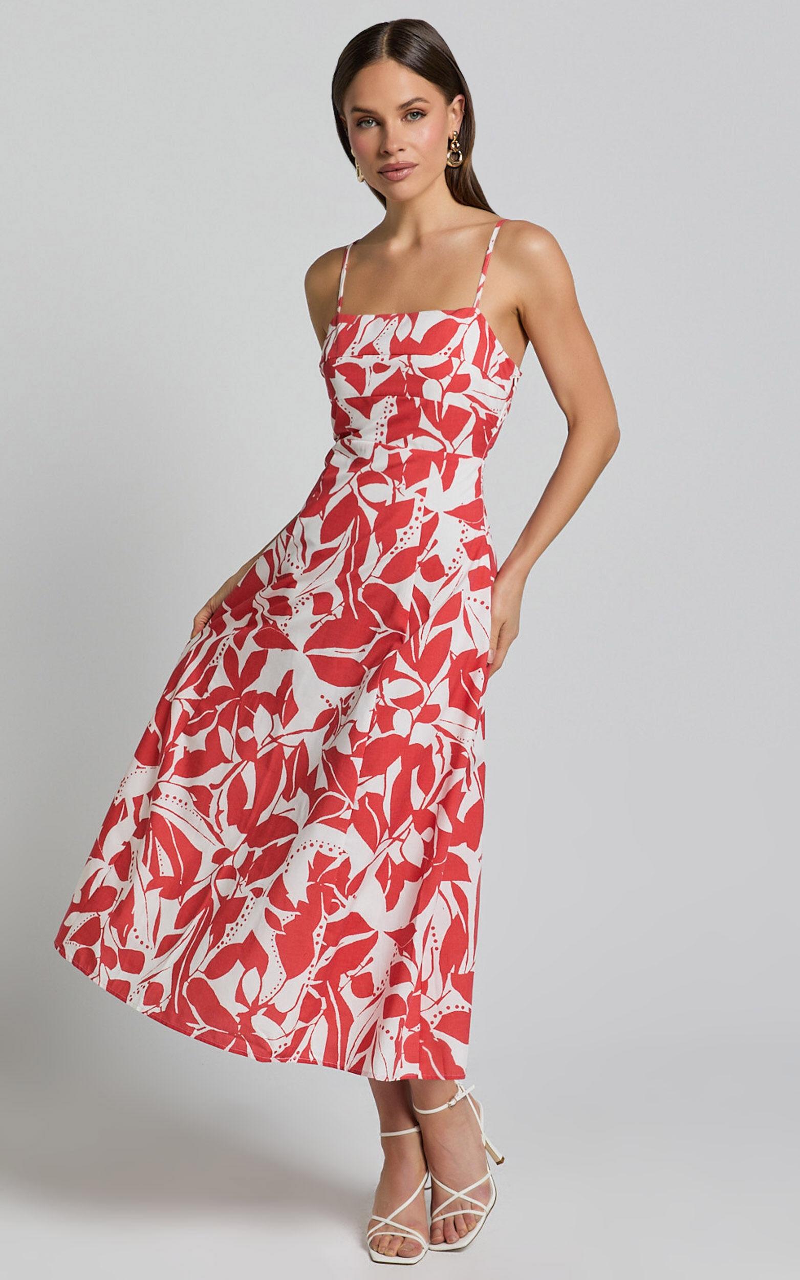 Nylia Midi Dress - Strappy Fit and Flare Dress in Red Floral Product Image