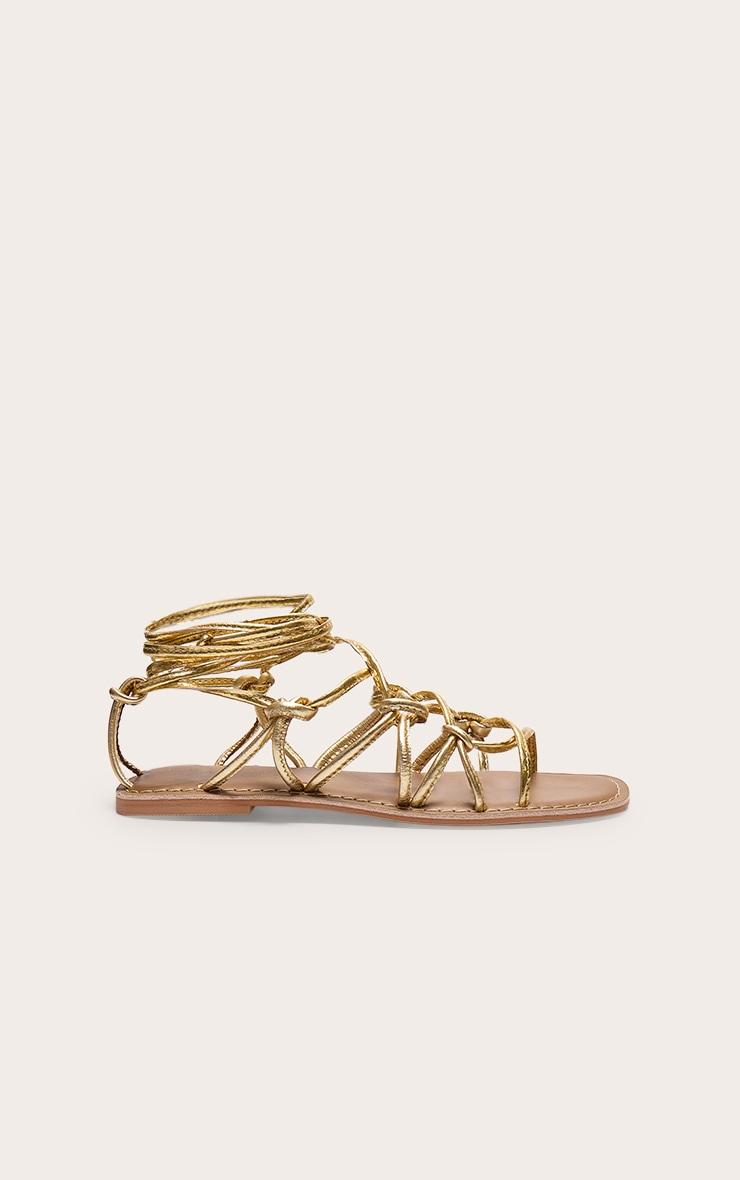  Gold Metallic Real Leather Square Toe Knotted Strap Tie Up Sandals Product Image