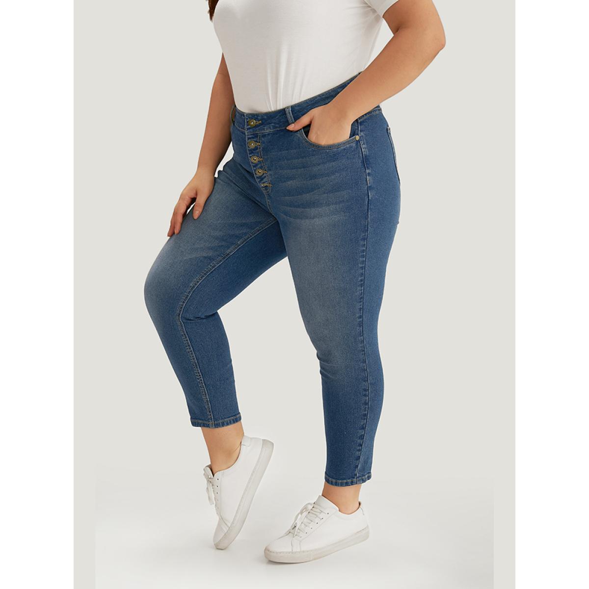 Plus Size Plain Button Fly High Rise Medium Wash Jeans Women Blue Casual Plain Plain High stretch Pocket Jeans BloomChic 16/1X Product Image