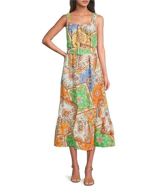 Current Air Patchwork Linen Blend Square Neck Sleeveless Belted Dress Product Image