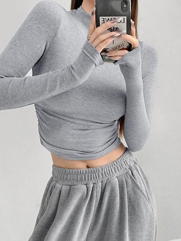 Solid Mock Neck Shirred Slim Long Sleeve Knit Product Image