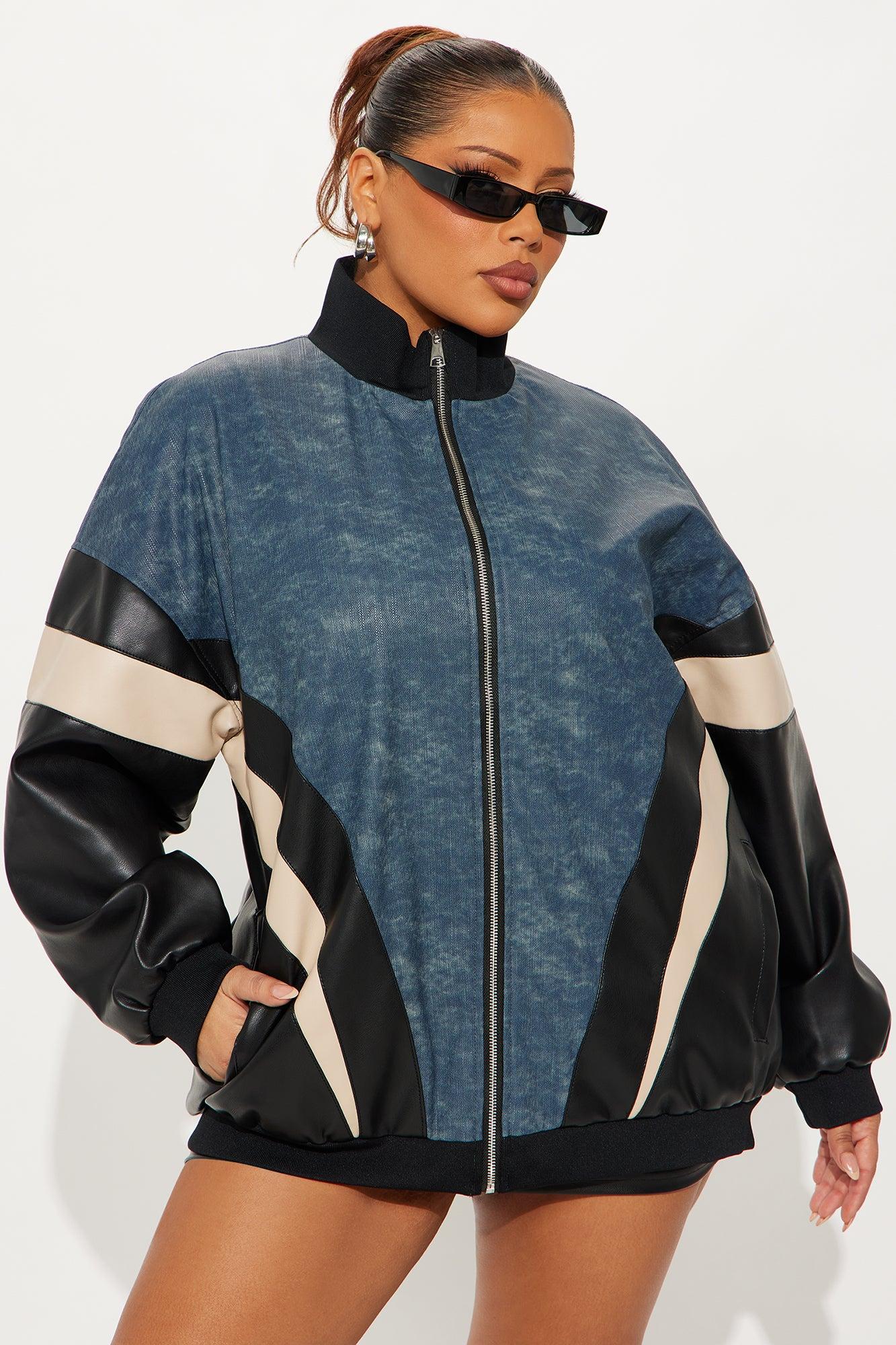 Jaded Oversized Faux Leather Bomber Jacket - Navy/combo Female Product Image