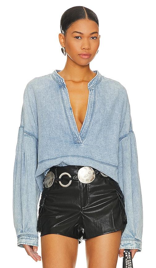 Free People Jude Denim V-Neck Long Puff Sleeve Pullover Product Image