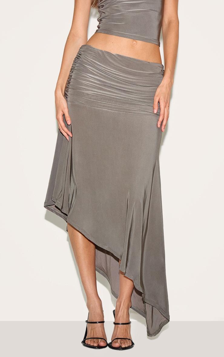 Mushroom Double Layer Slinky Asymmetrical Ruched Midaxi Skirt Product Image