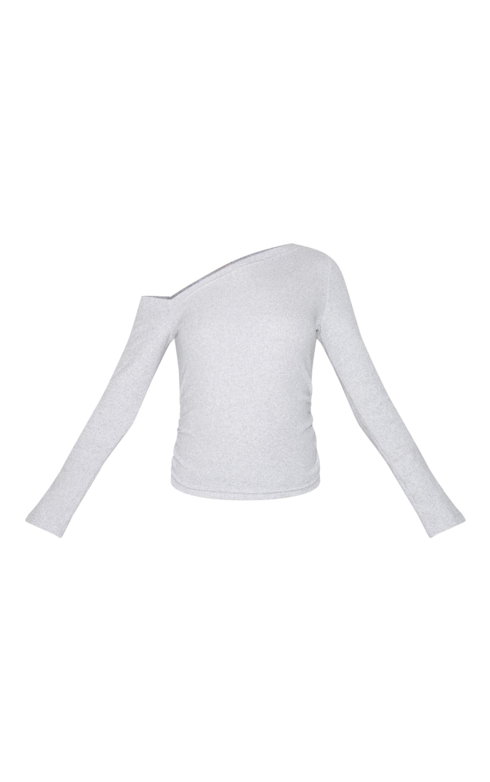 Grey Marl Rib Slouchy Asymmetric Ruched Long Sleeve Top Product Image