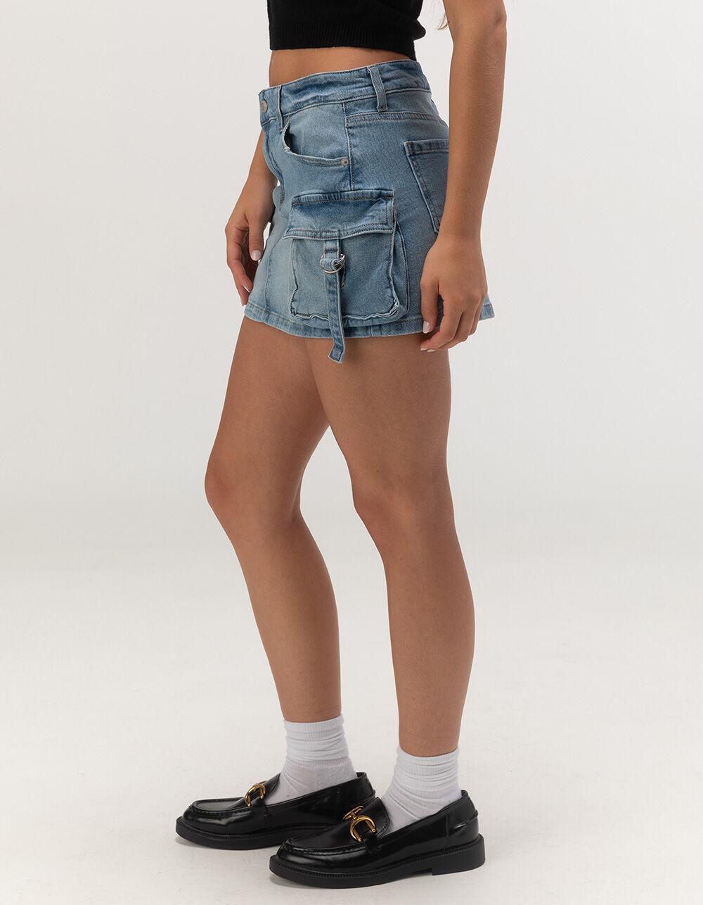 RSQ Womens Mid Rise Cargo Tab Denim Mini Skirt - MEDIUM WASH Product Image