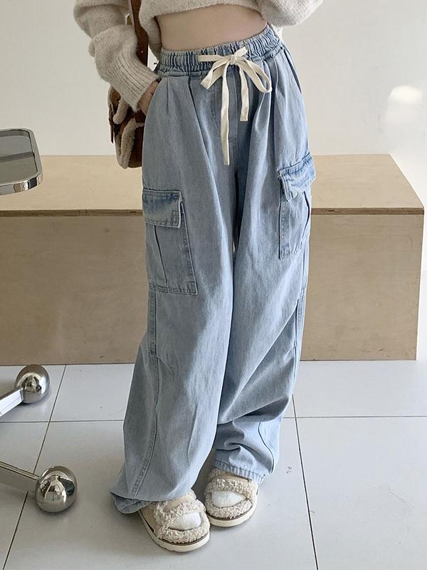 Light Wash Multi Pocket Drawstring Cargo Jeans Product Image