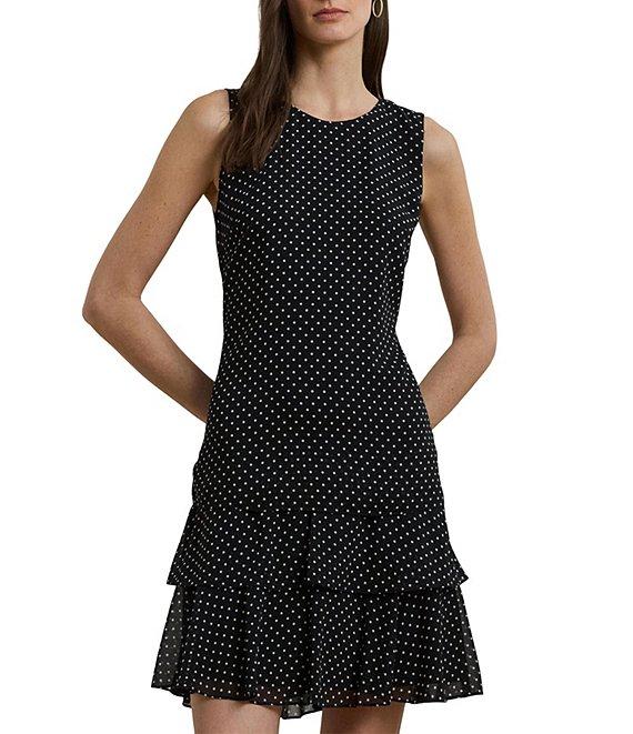 Lauren Ralph Lauren Crinkle Georgette Polka Dot Print Crew Neck Sleeveless Shift Mini Dress Product Image