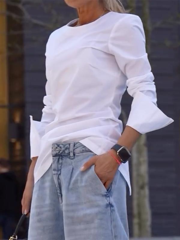 Long Sleeves Loose Solid Color Round-Neck T-Shirts Tops Product Image