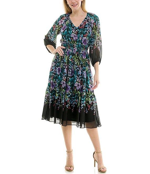 Moda Tara Chiffon V-Neck 3/4 Sleeve Floral Printed Midi Dress Product Image
