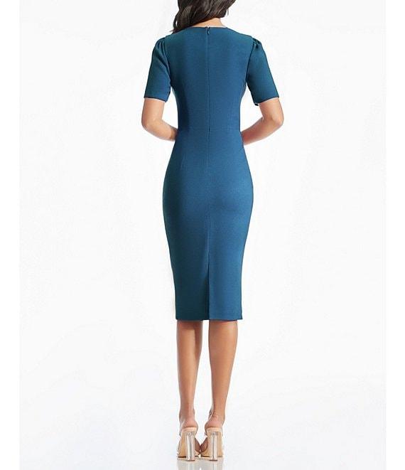 Dress the Population Ruth Asymmetrical Neck Short Sleeve Back Slit Sheath Midi Dress Product Image
