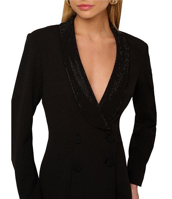 Adrianna by Adrianna Papell Crepe Knit V-Neck Long Sleeves Rhinestone Lapel Blazer Dress Product Image