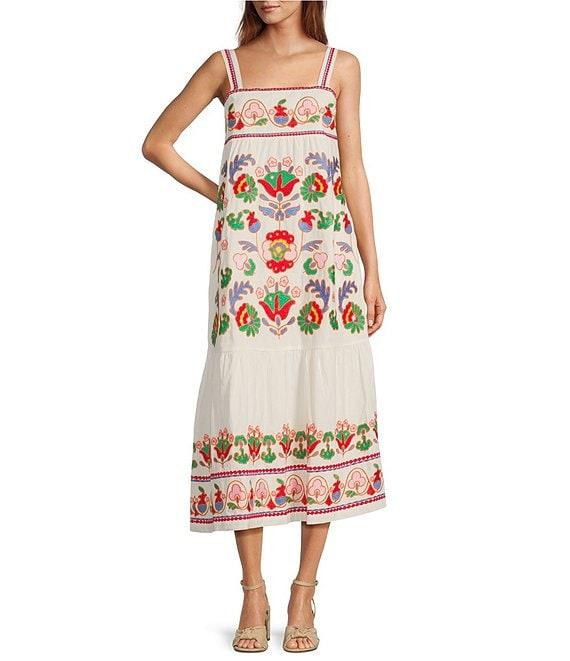 J.Marie Landon Embroidery Square Neck Sleeveless Midi A-Line Dress Product Image