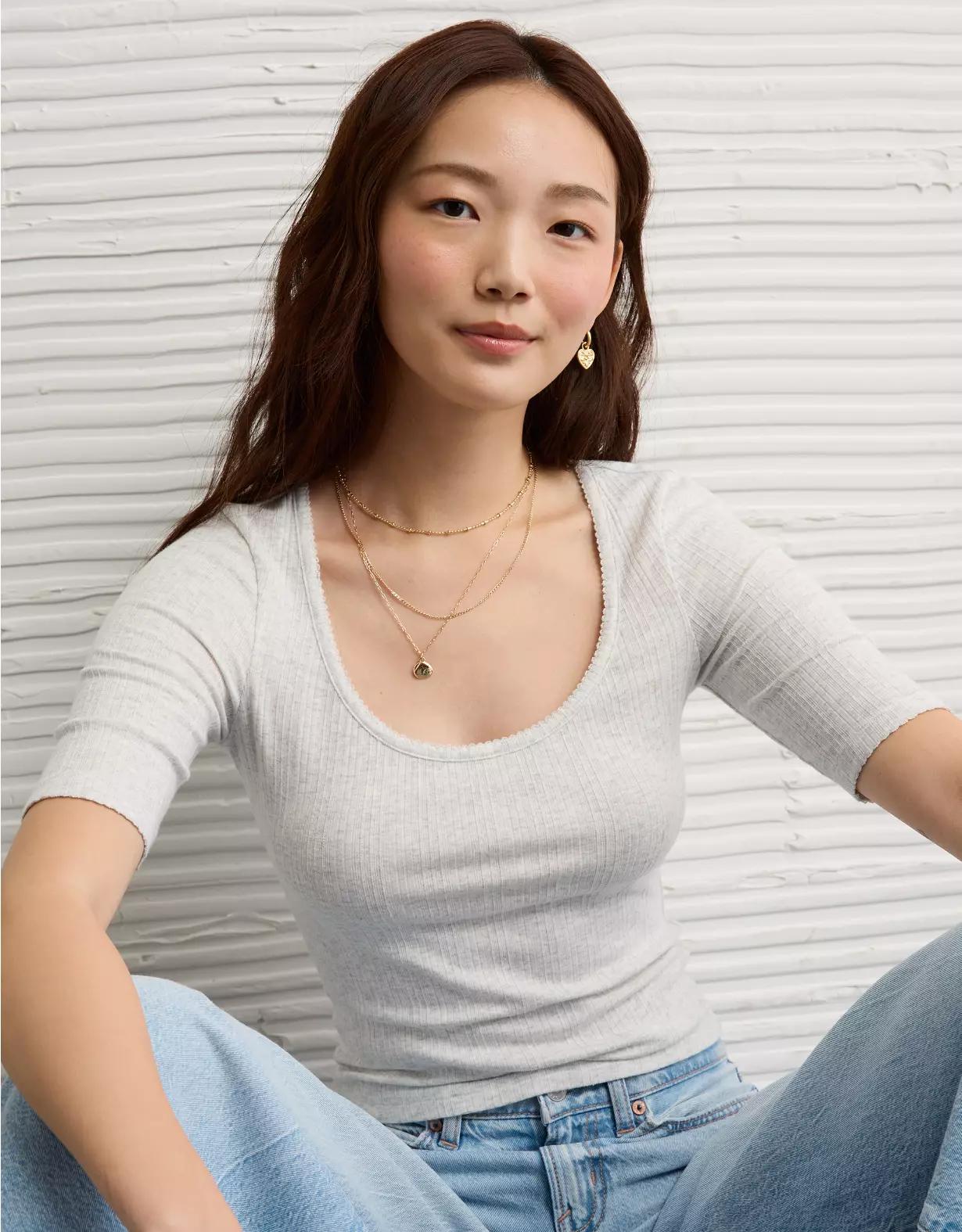 AE Half-Sleeve Scoop Neck Pointelle T-Shirt Product Image