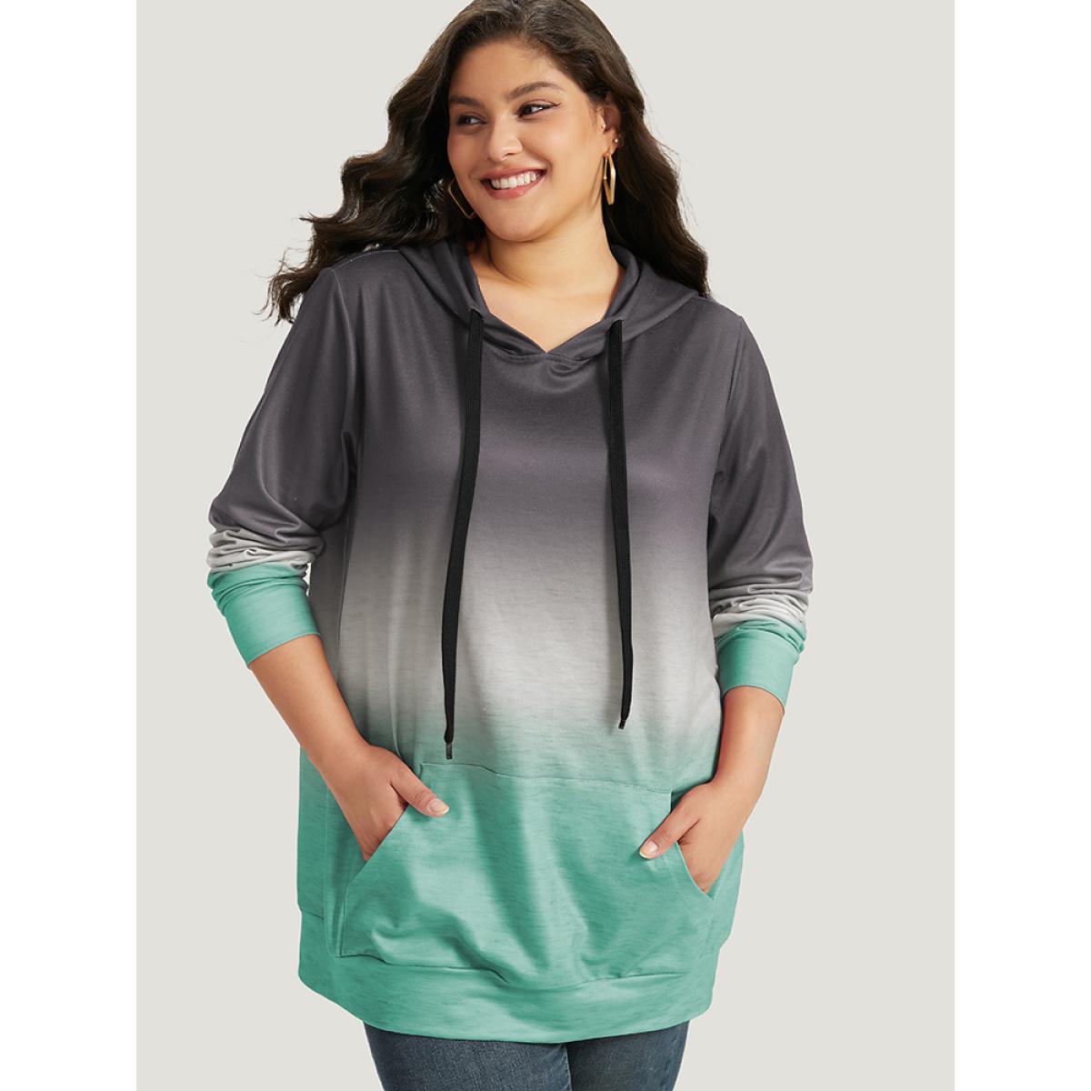 Plus Size Ombre Pocket Drawstring Hooded Sweatshirt Women Gray Casual Elastic cuffs Hooded Everyday Sweatshirts BloomChic 18-20/2X Product Image