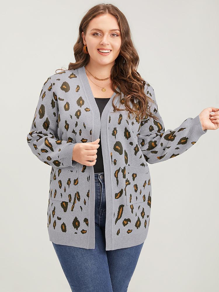 Leopard Super Soft Knit Pocket Jacquard Open Front Cardigan Female Product Image