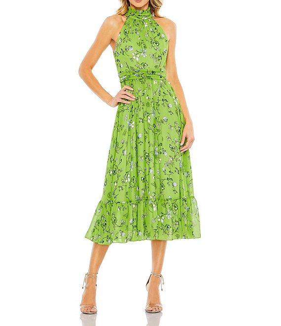 Mac Duggal Floral Print Pleated Halter Neck Sleeveless A-Line Dress Product Image