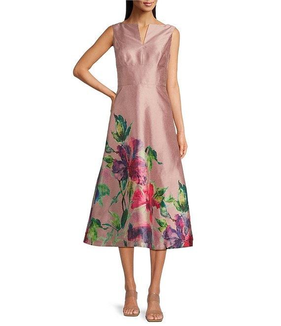 Kay Unger Marlene Metallic Organza Floral Print Split V Neck Sleeveless A-Line Midi Dress Product Image